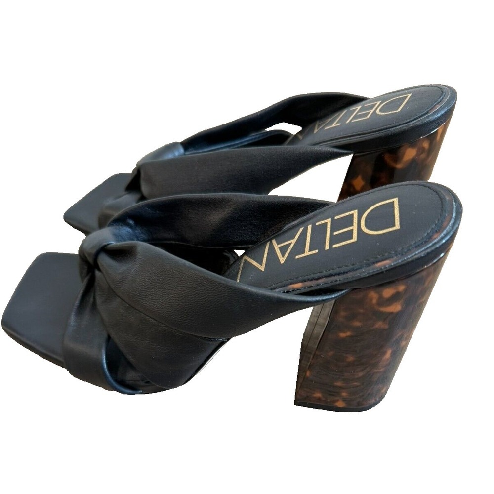 Deltan Black Leather Tortiose Block Heel Square Open Toe Sandals Size 10
